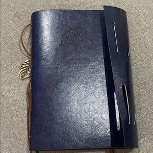 Artive A5 Tree The Way We Think Navy Blue Leather Journal Leaf Charm Tan Color